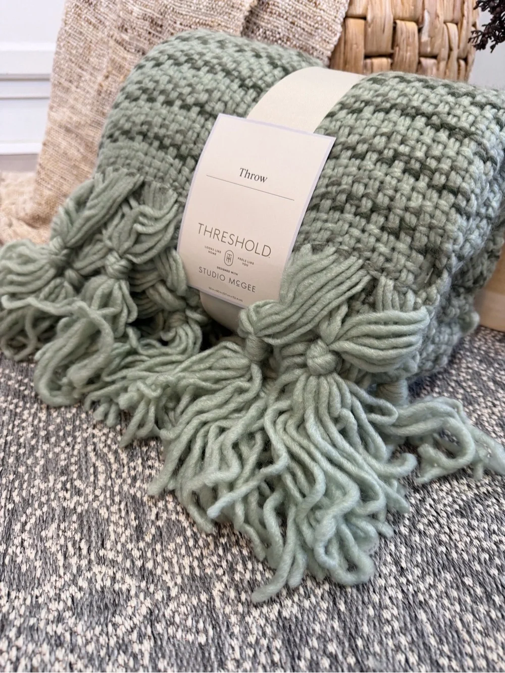 Studio McGee Mint Sage Knit Throw with Fringe